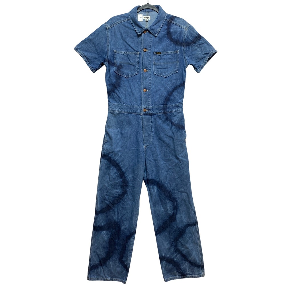 Wrangler Jumpsuit Womens S Blue Utility Swirl Pattern Button Front Denim Romper